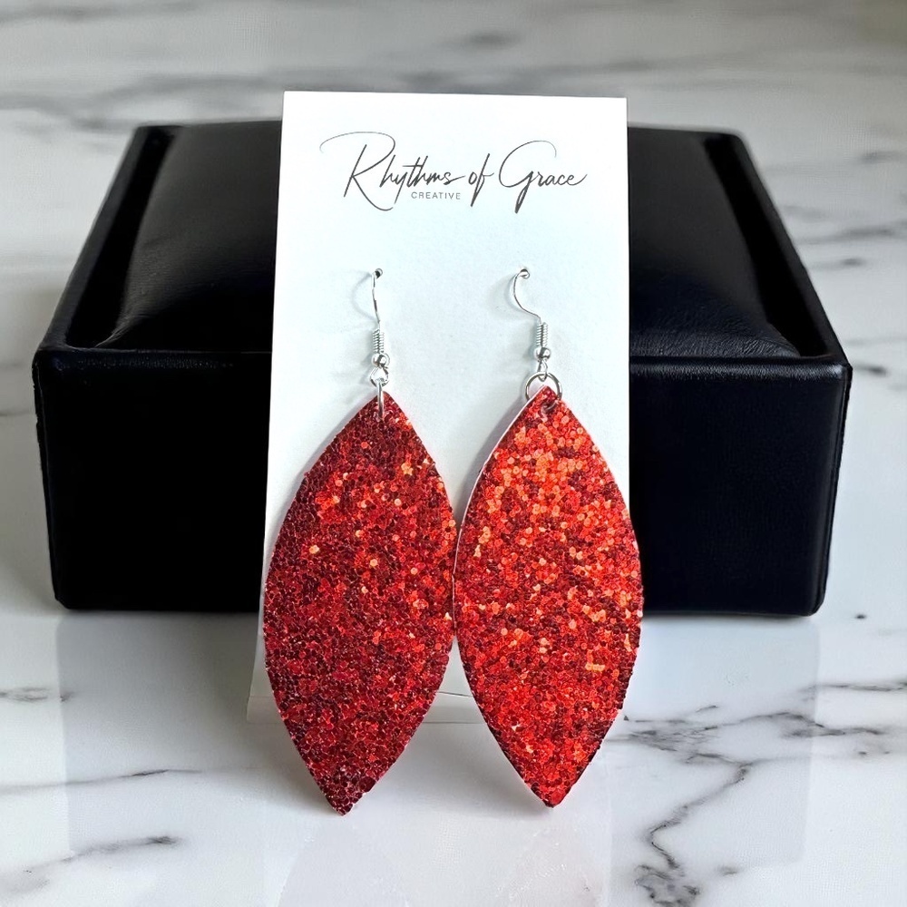 Red Glitter Teardrop Dangle Earrings Handmade Sparkly Statement Jewelry